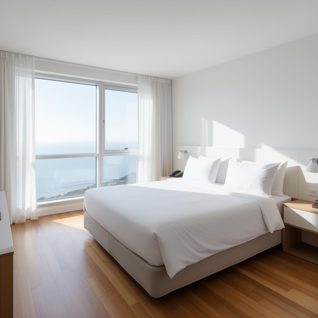 Helles Hotelzimmer ohne Teppichboden mit Meerblick
